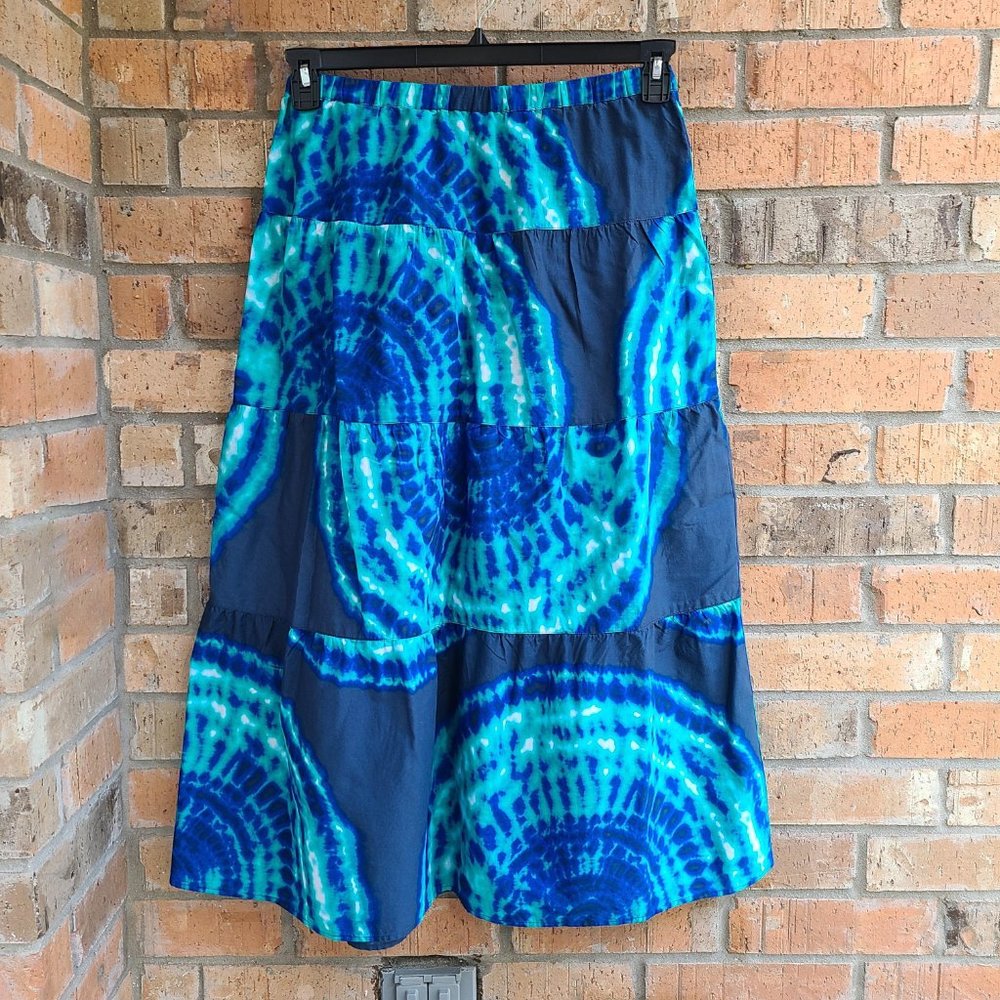 Jones New York Maxi Tiered Layered Peasant Skirt Lined Blue Tie Dye Size L